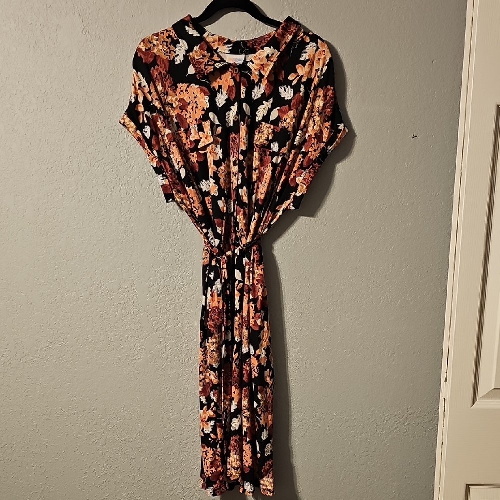 LuLaRoe Floral Midi Staci Dress in Black and Orange